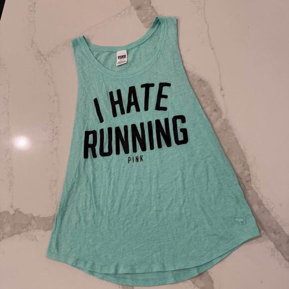 PINK Victorias Secret I Hate Running Graphic Athletic TankTop Womens Small Green - Picture 2 of 5